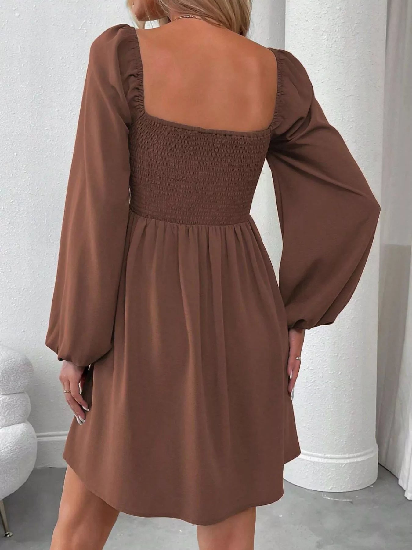 Ruched Square Neck Long Sleeve A-Line Dress