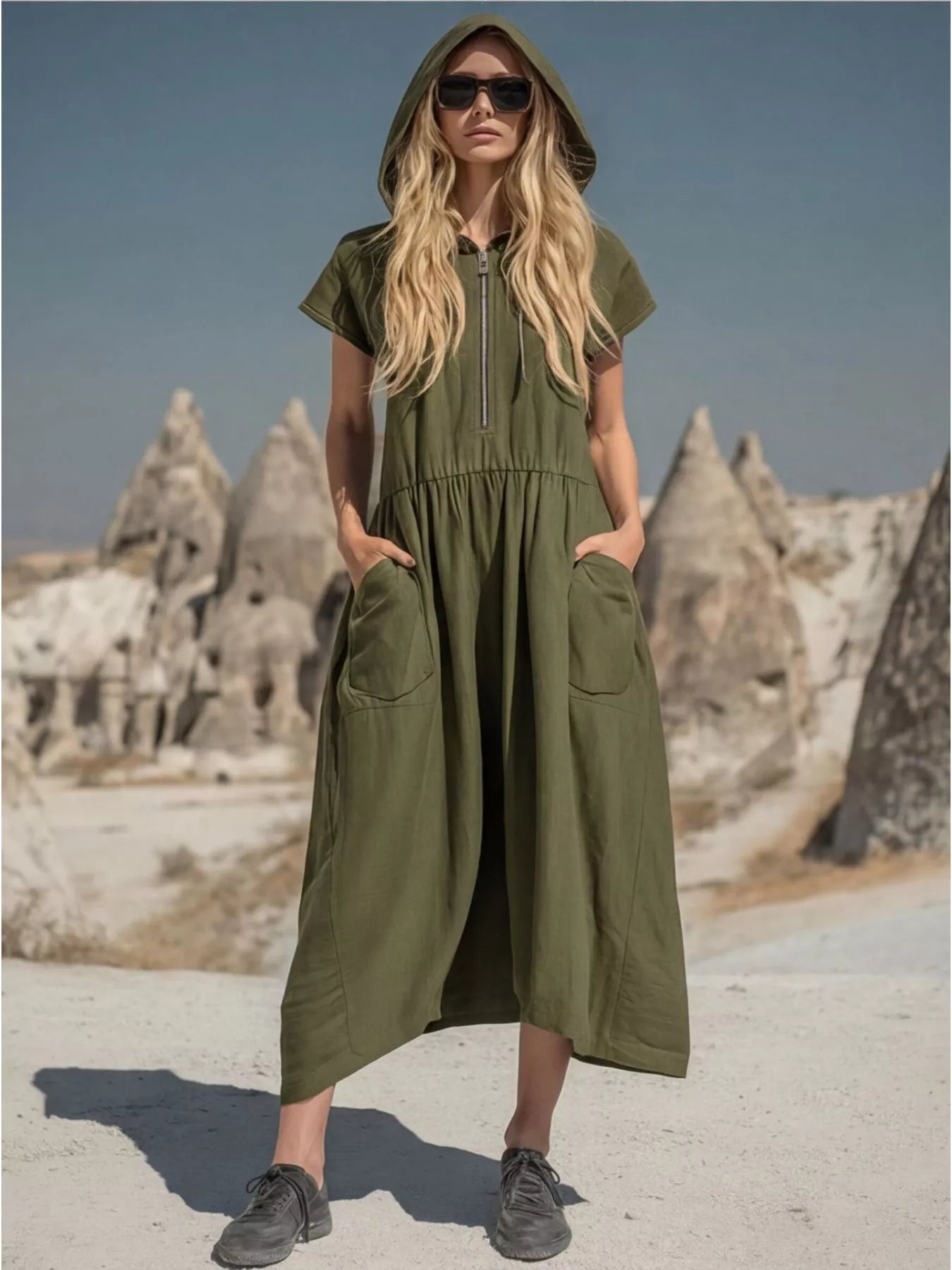 Full Size Hooded Midi Dress with Zipper and Pockets Plus Size