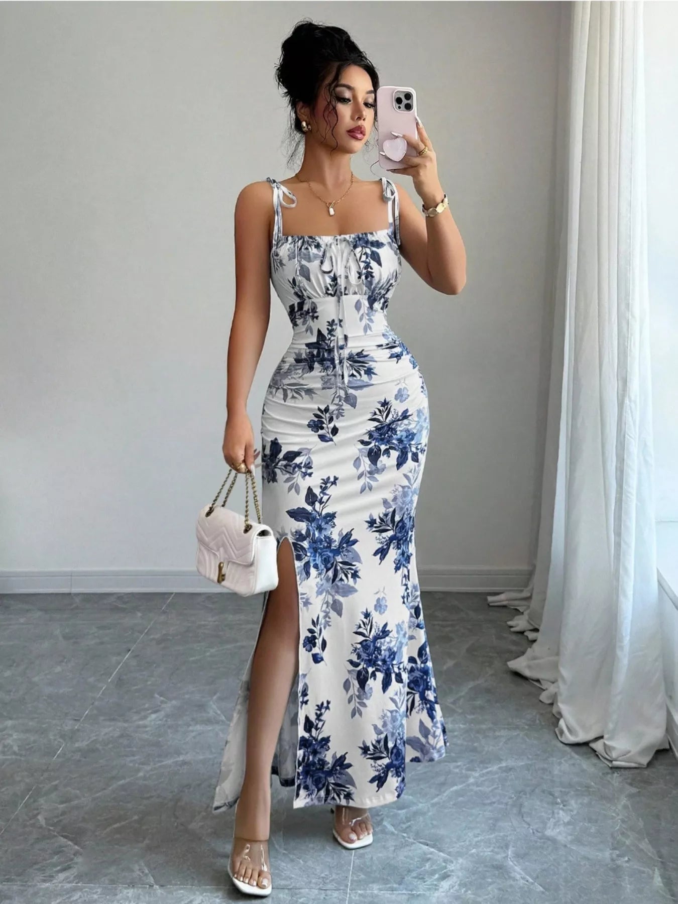 Printed Tie Strap Slit Maxi Dress