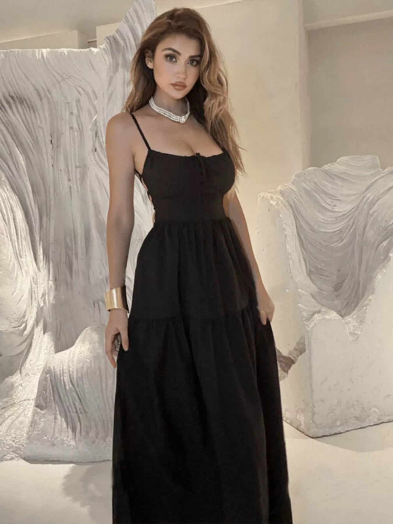 Backless Lace Up Spaghetti Strap Maxi Dress