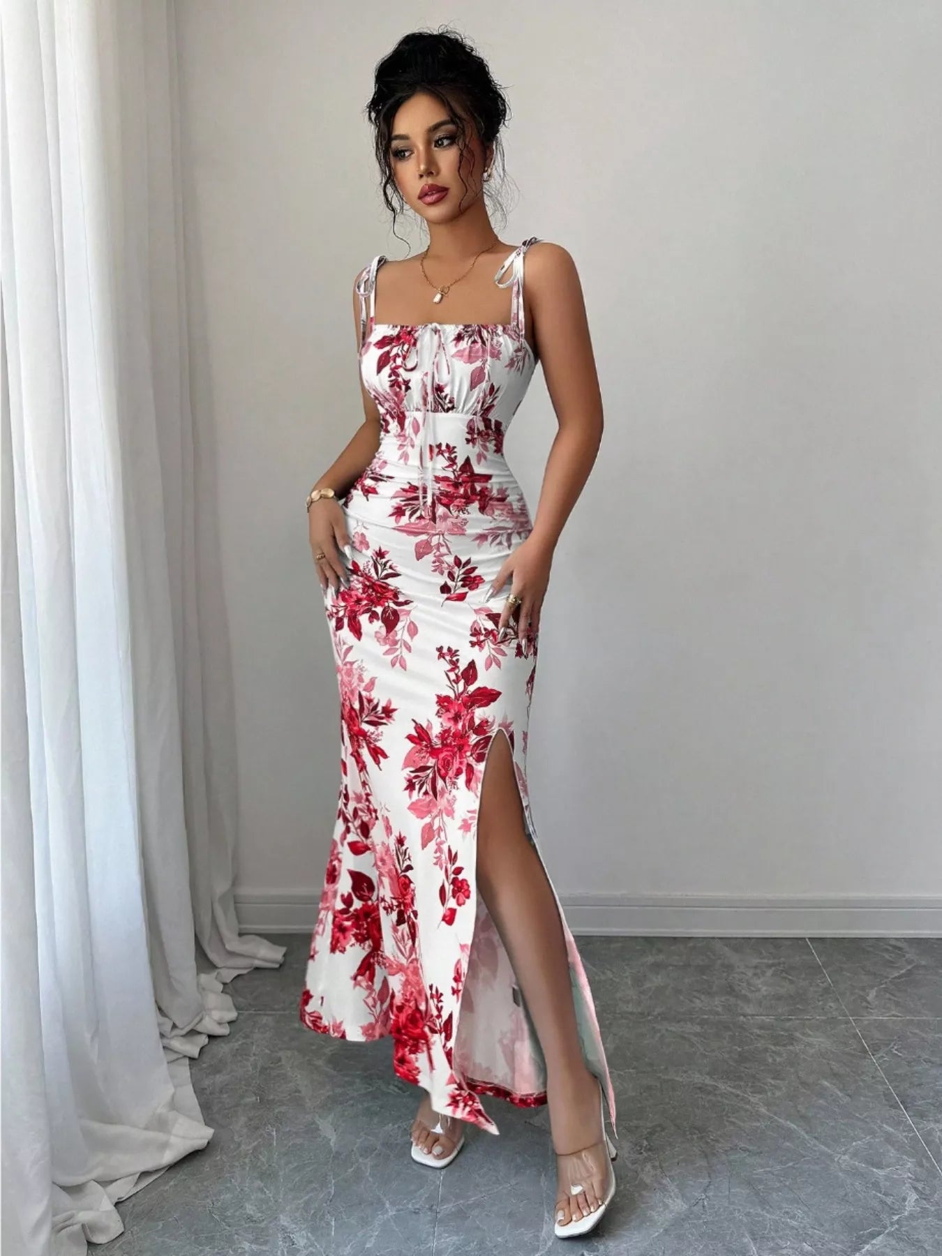 Printed Tie Strap Slit Maxi Dress