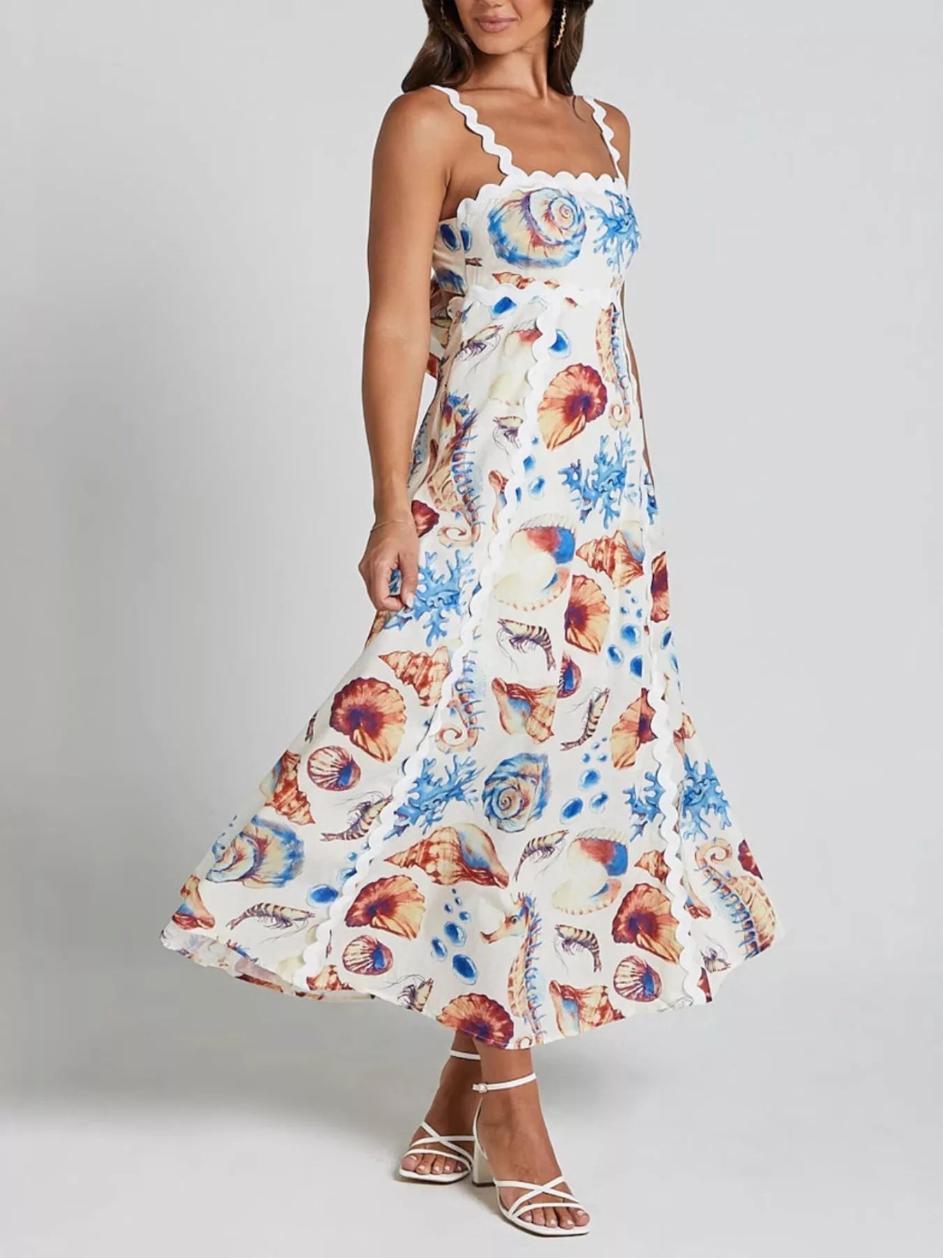 Seashell Print Scalloped Midi Dress