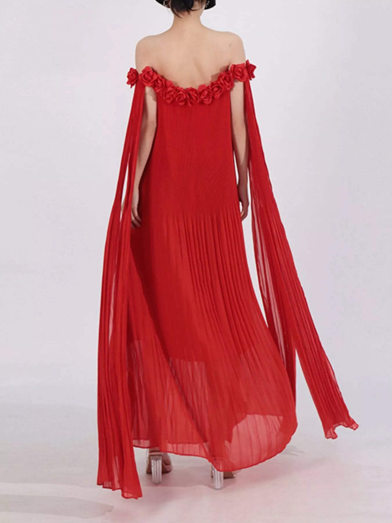 Off-Shoulder Floral Pleated Maxi Dress