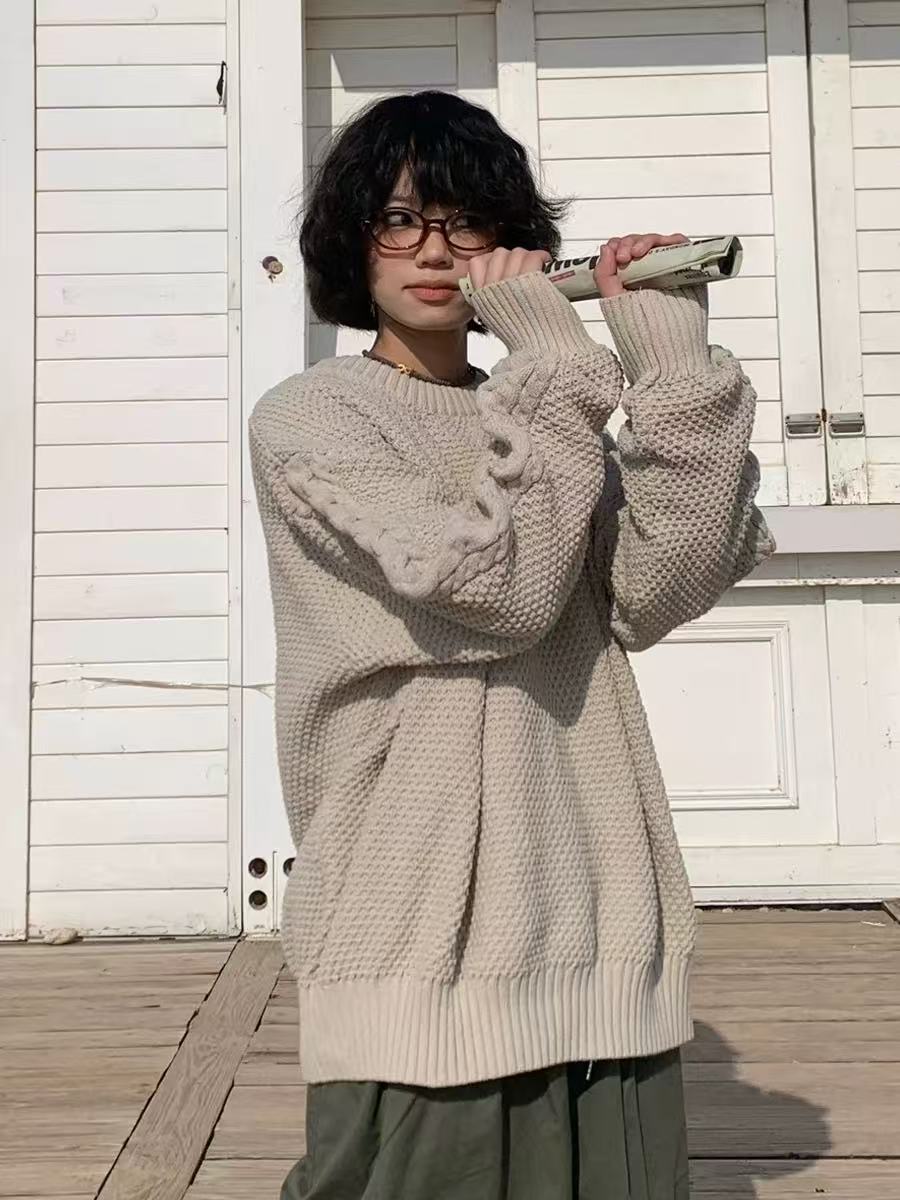 Cable Knit Wool Sweater — Relaxed Fit, Beige