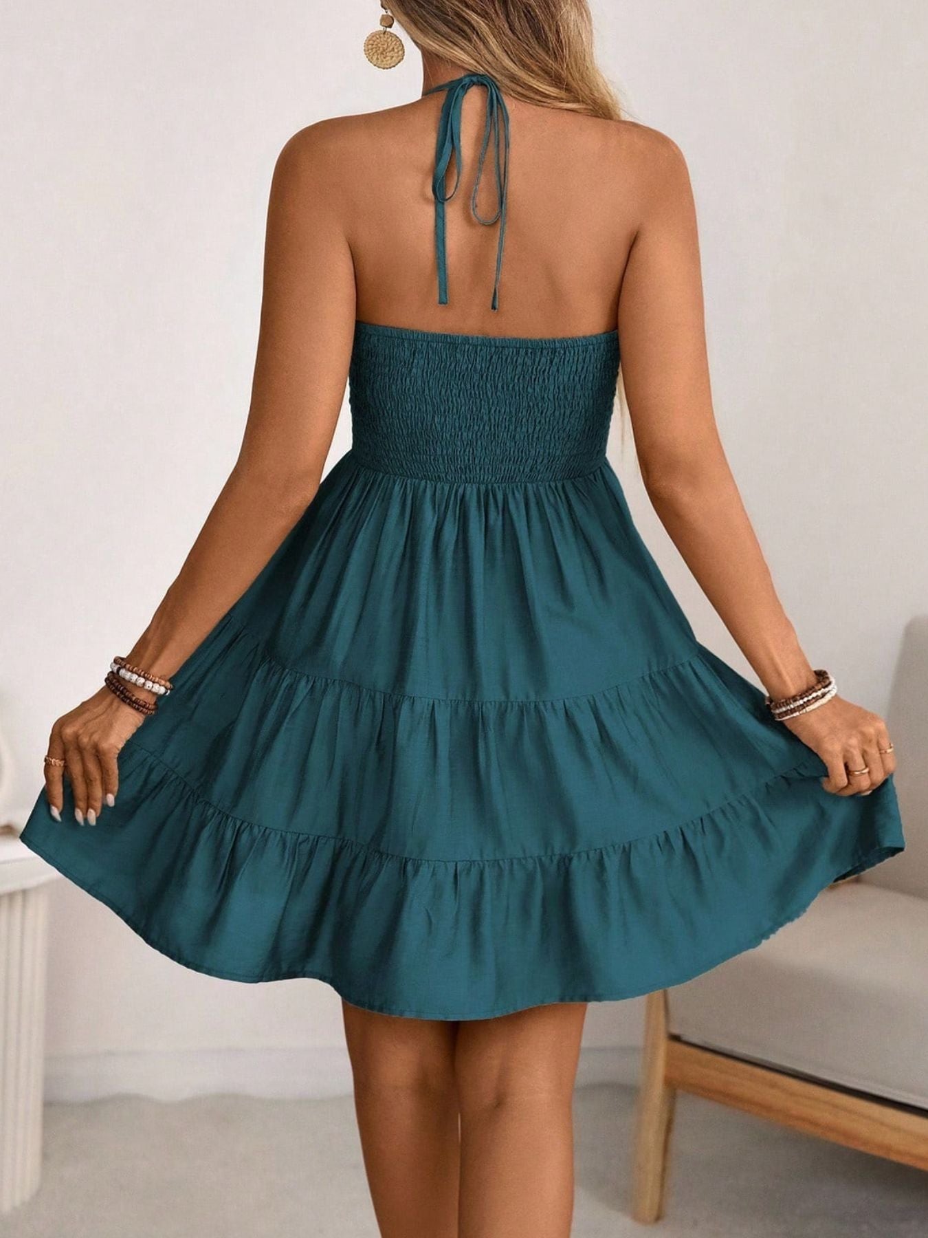 Smocked Halter Neck Tiered Dress