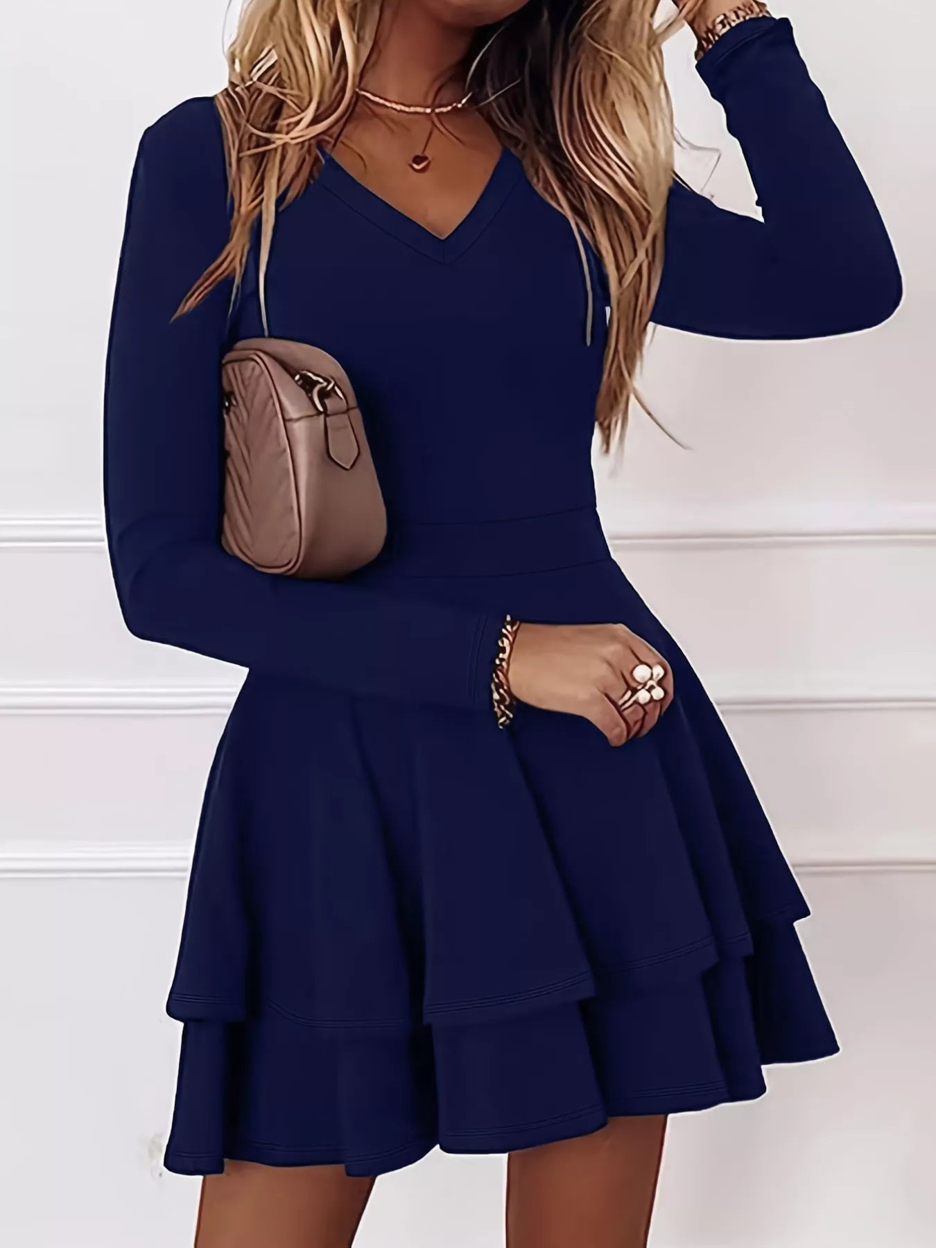 V-Neck Layered Ruffle Mini Dress