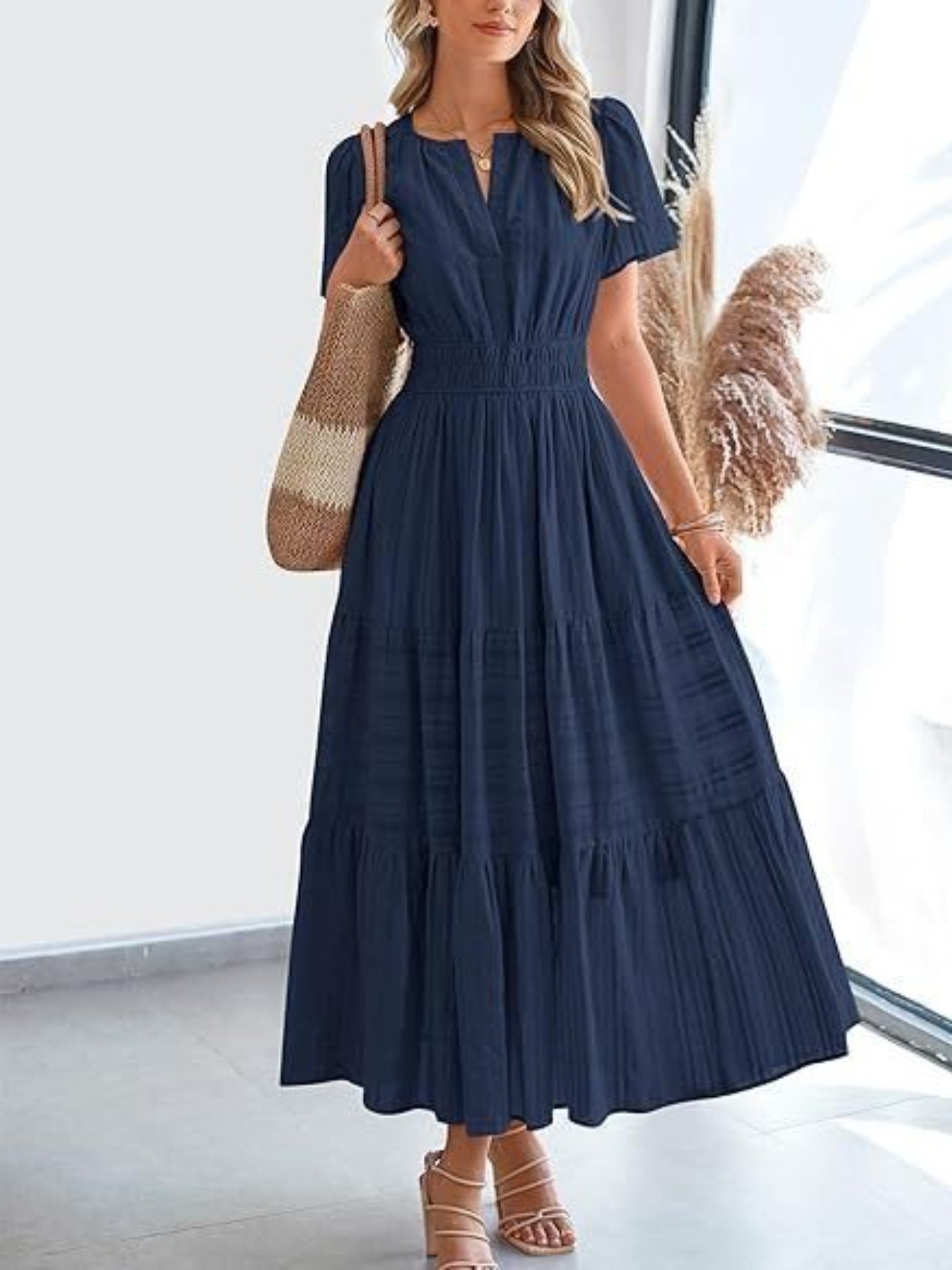 Notched Short Sleeve Tiered Dress