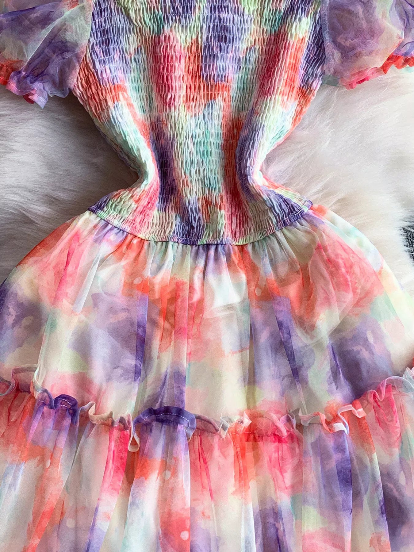 Smocked Floral Tiered Mesh Midi Dress