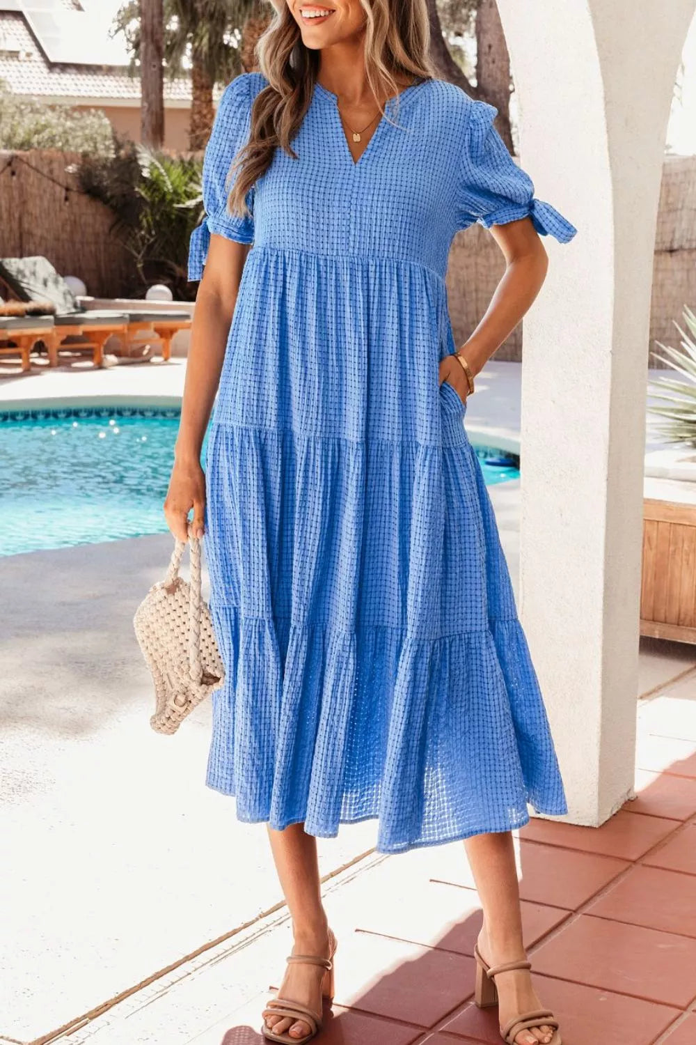 Notched Short Sleeve Tiered Midi Dress