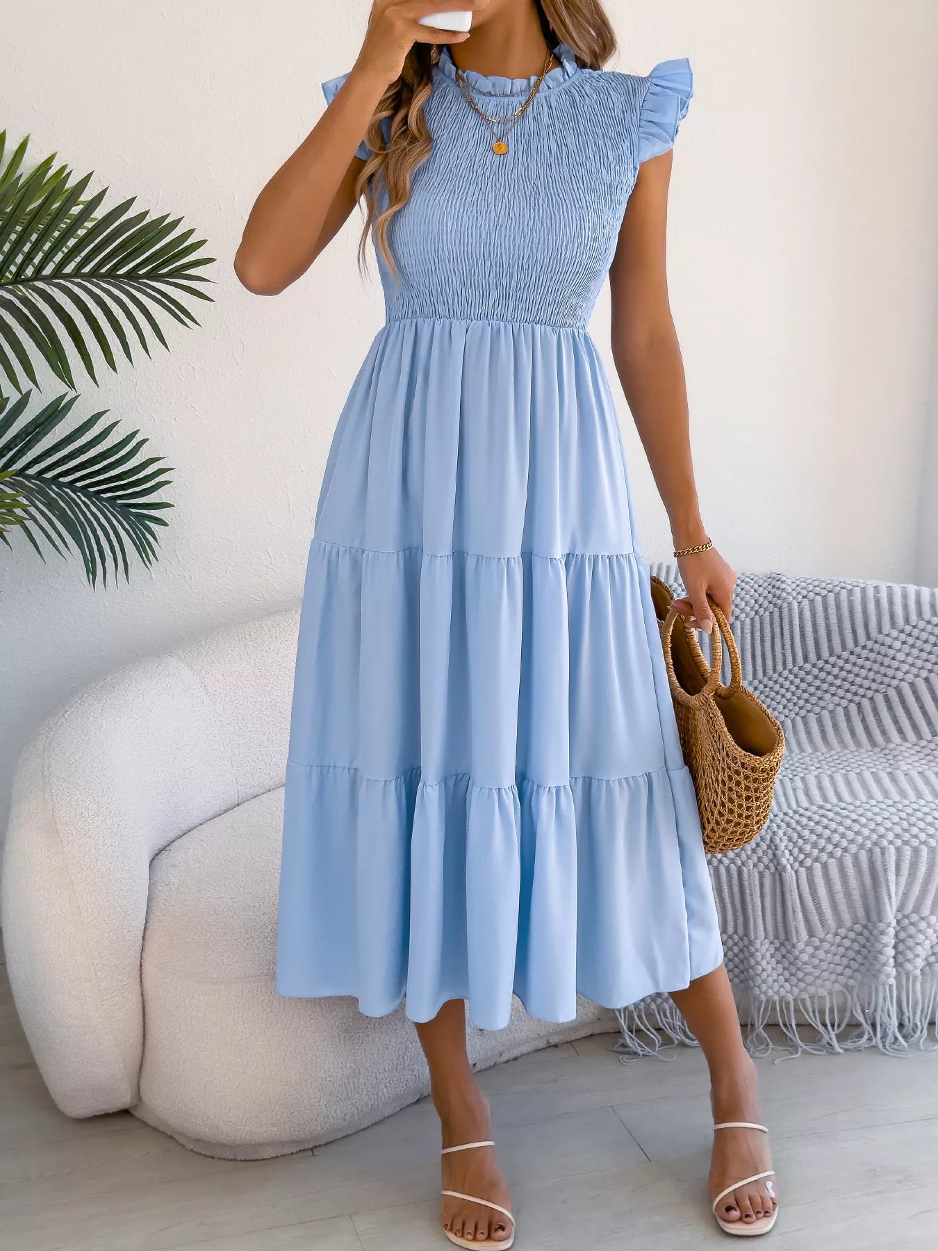 Smocked Ruffled Cap Sleeve Dress