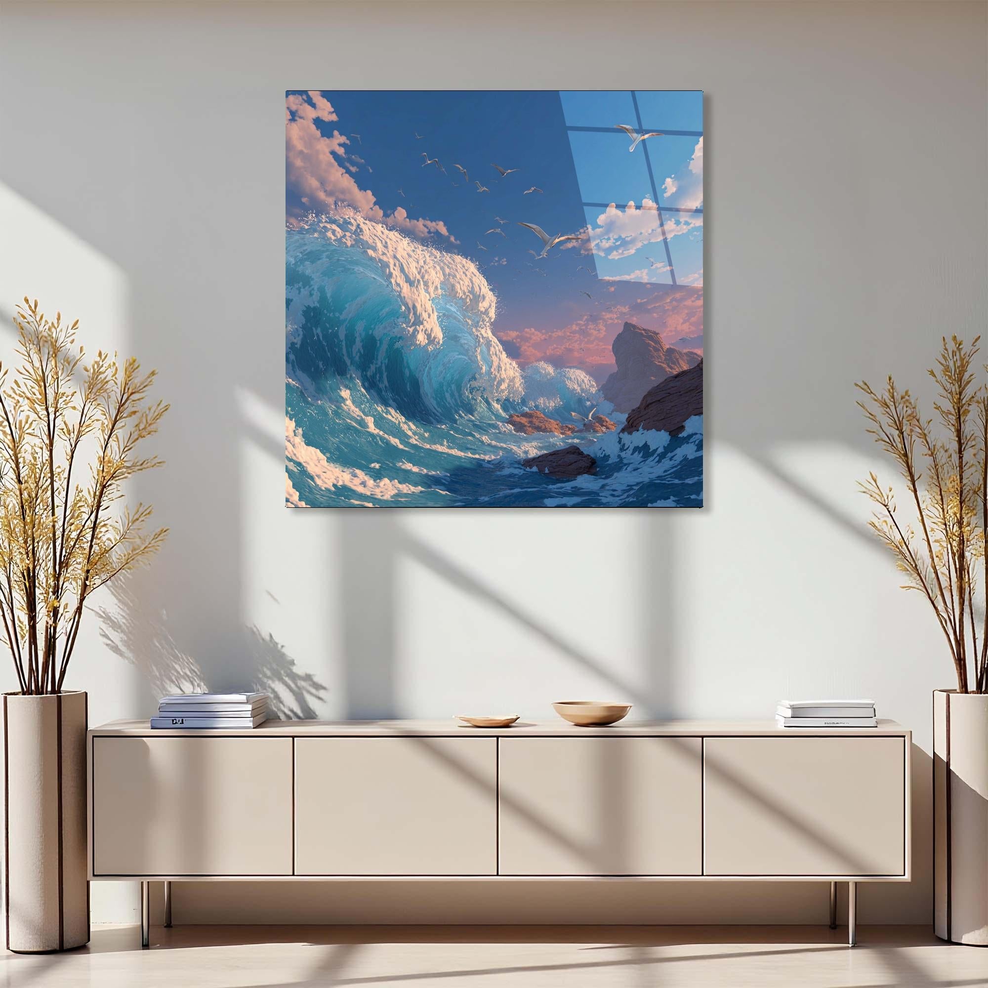Tempered Glass Ocean Wave Wall Art | Coastal Seagulls Decor