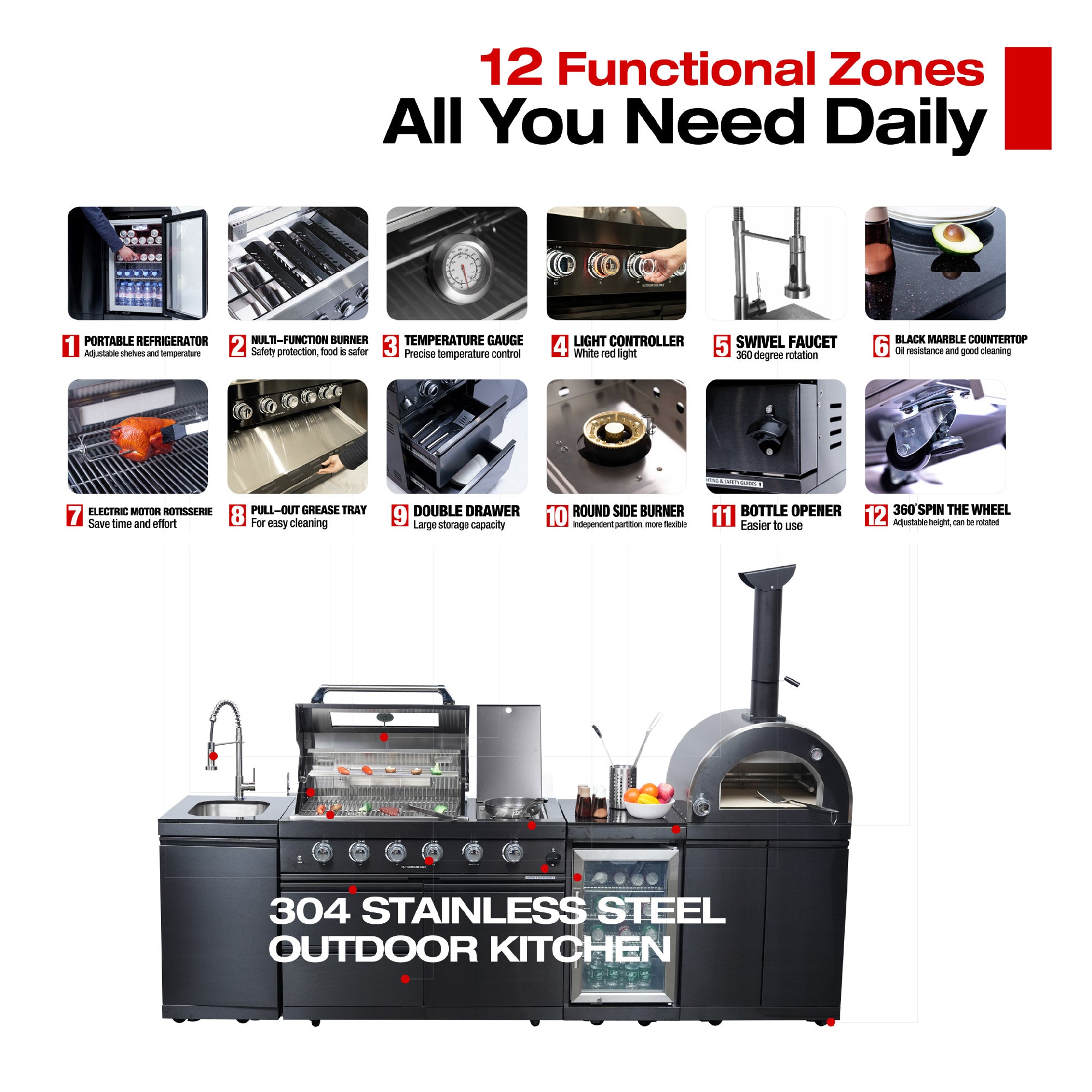 Black 112-Inch Stainless Steel Gas Outdoor Kitchen Barbecue Grill