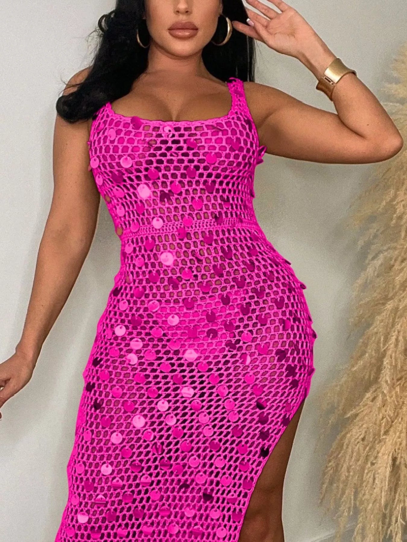 Sequin Embellished Crochet Maxi Dress with High Slit