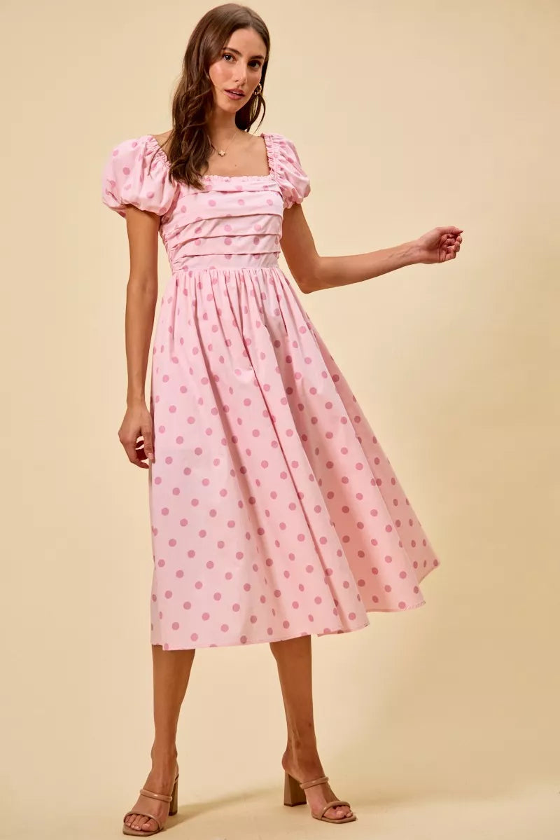 SO ME Polka Cotton Print Short Sleeves Midi Dress