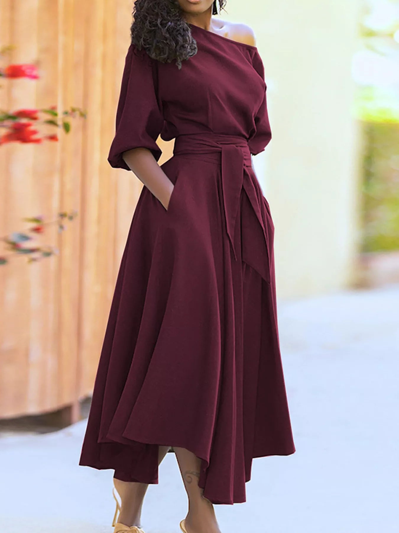 Boat Neck Tie Waist Dress