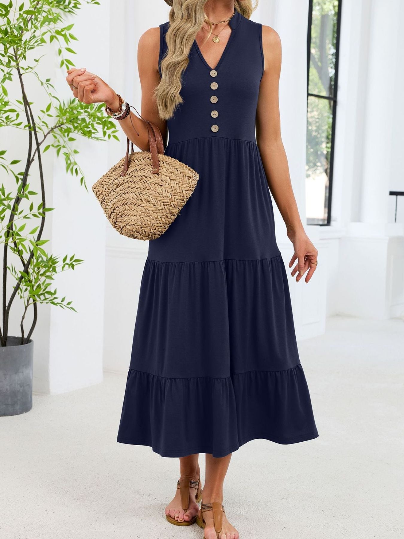 Sleeveless Notched Tiered Midi Dress