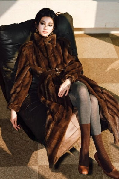 Mink-textured Three-dimensional Silhouette Belt Eco-fur Coat