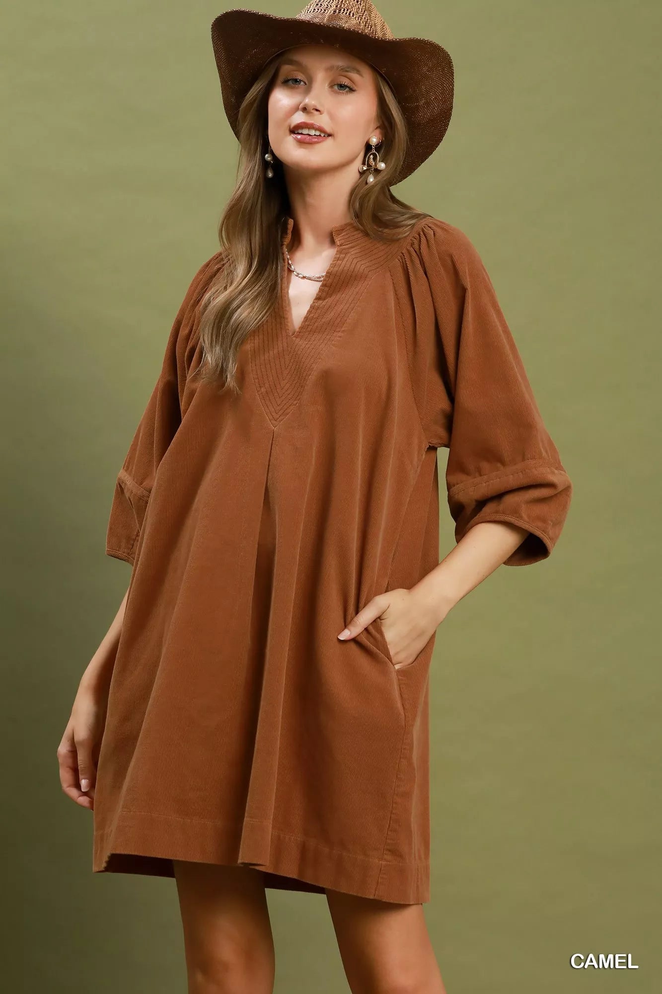 Umgee Corduroy V-Neck Puff Sleeve Shift Dress with Pockets
