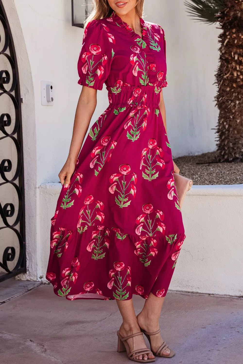 Floral Print Short Sleeve Midi Dress