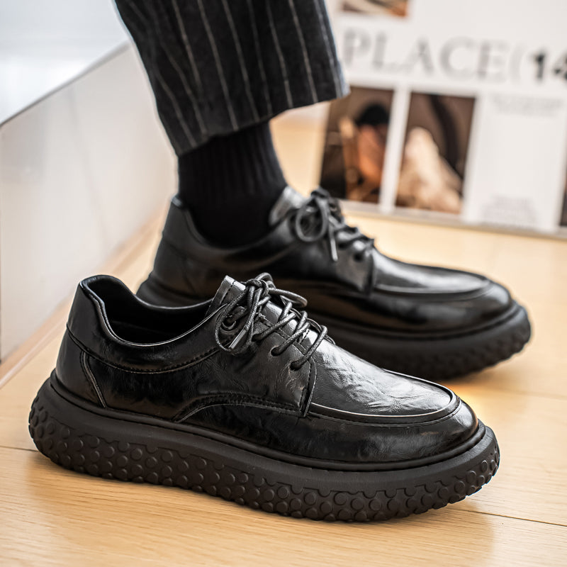 Trendy Brand Men's Leather Shoes, British Style Fashion Thick Sole Casual Footwear, Low-top Lace-up Height-increasing Breathable Black Loafers