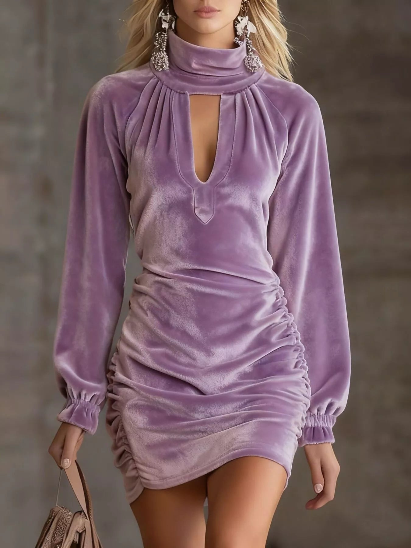 Full Size Velvet Ruched Flounce Sleeve Mini Dress Plus Size