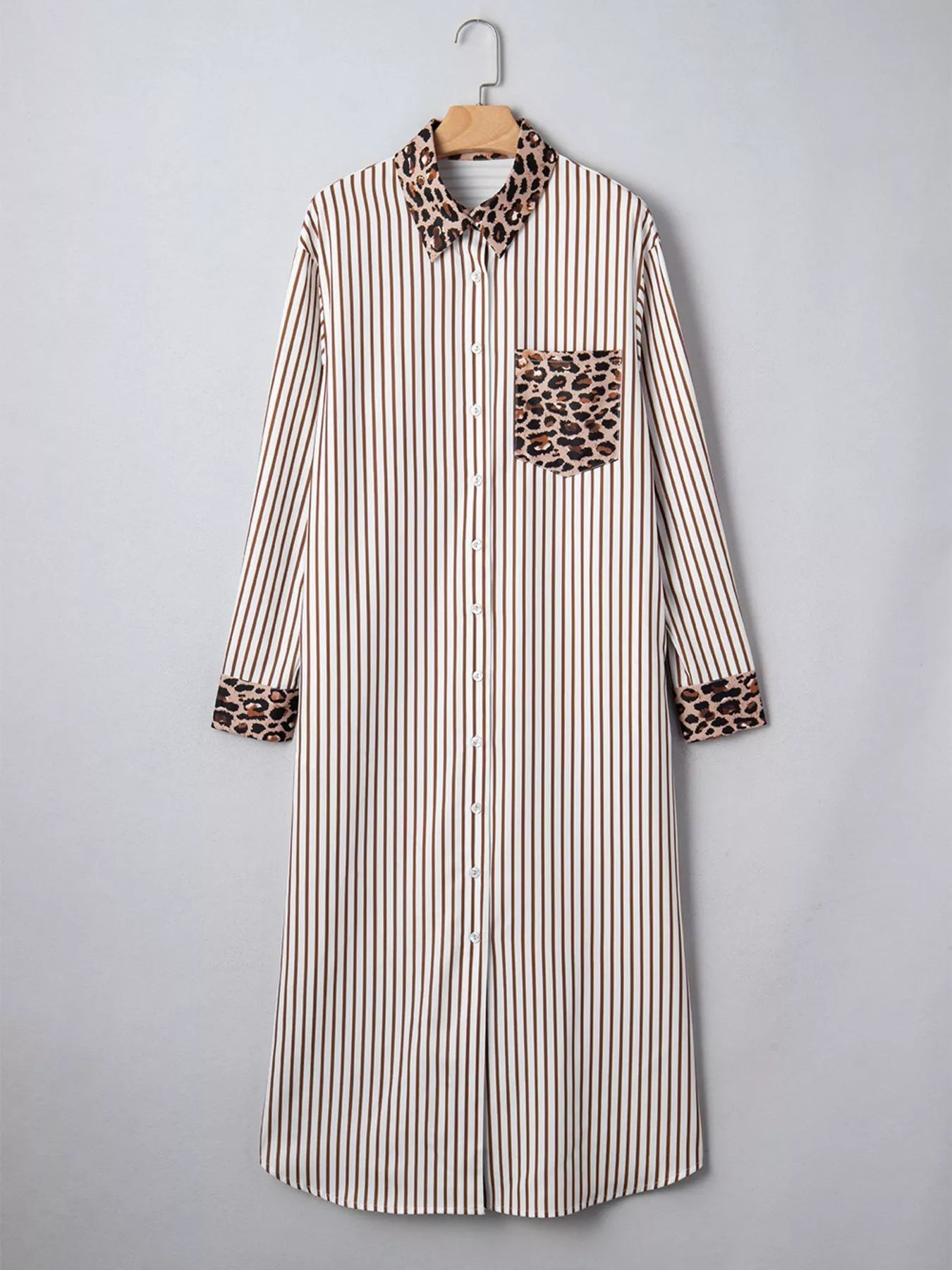 Striped Leopard Print Button Up Shirt Dress