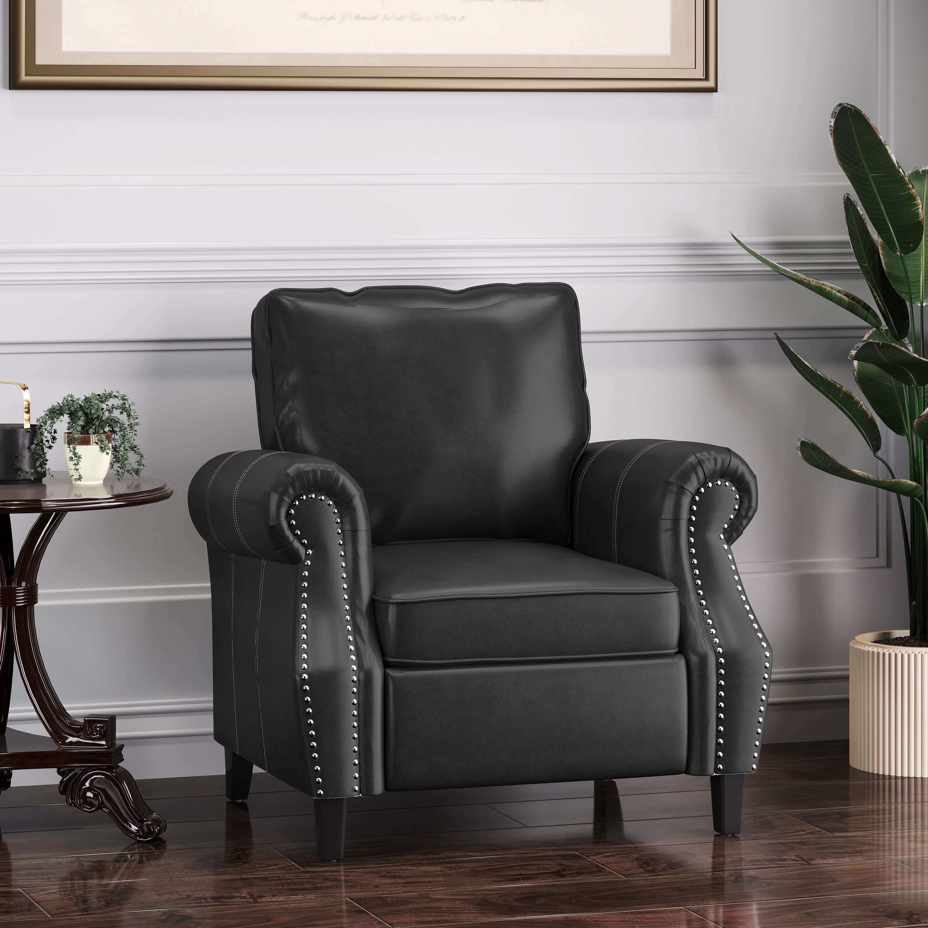 Club Chair Contemporary PU Leather Black Rolled Arms Nailhead Trim 37 In