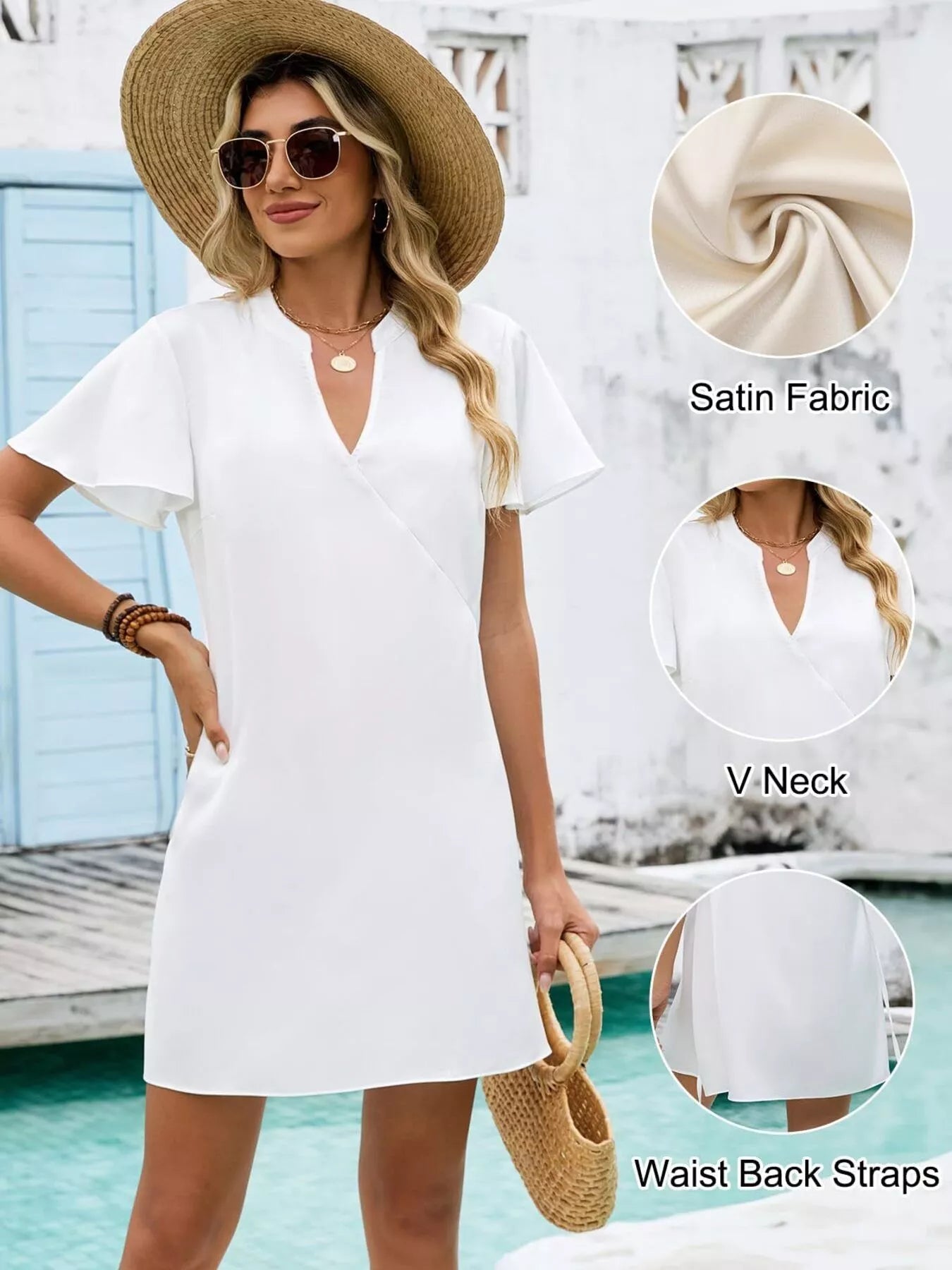 Notched Flutter Sleeve Mini Dress