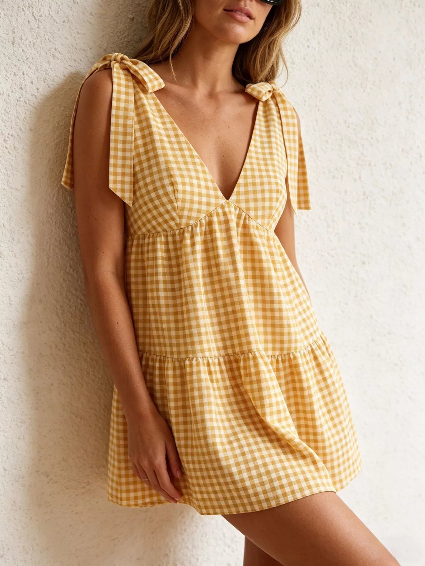 Gingham Tie-Shoulder Mini Dress