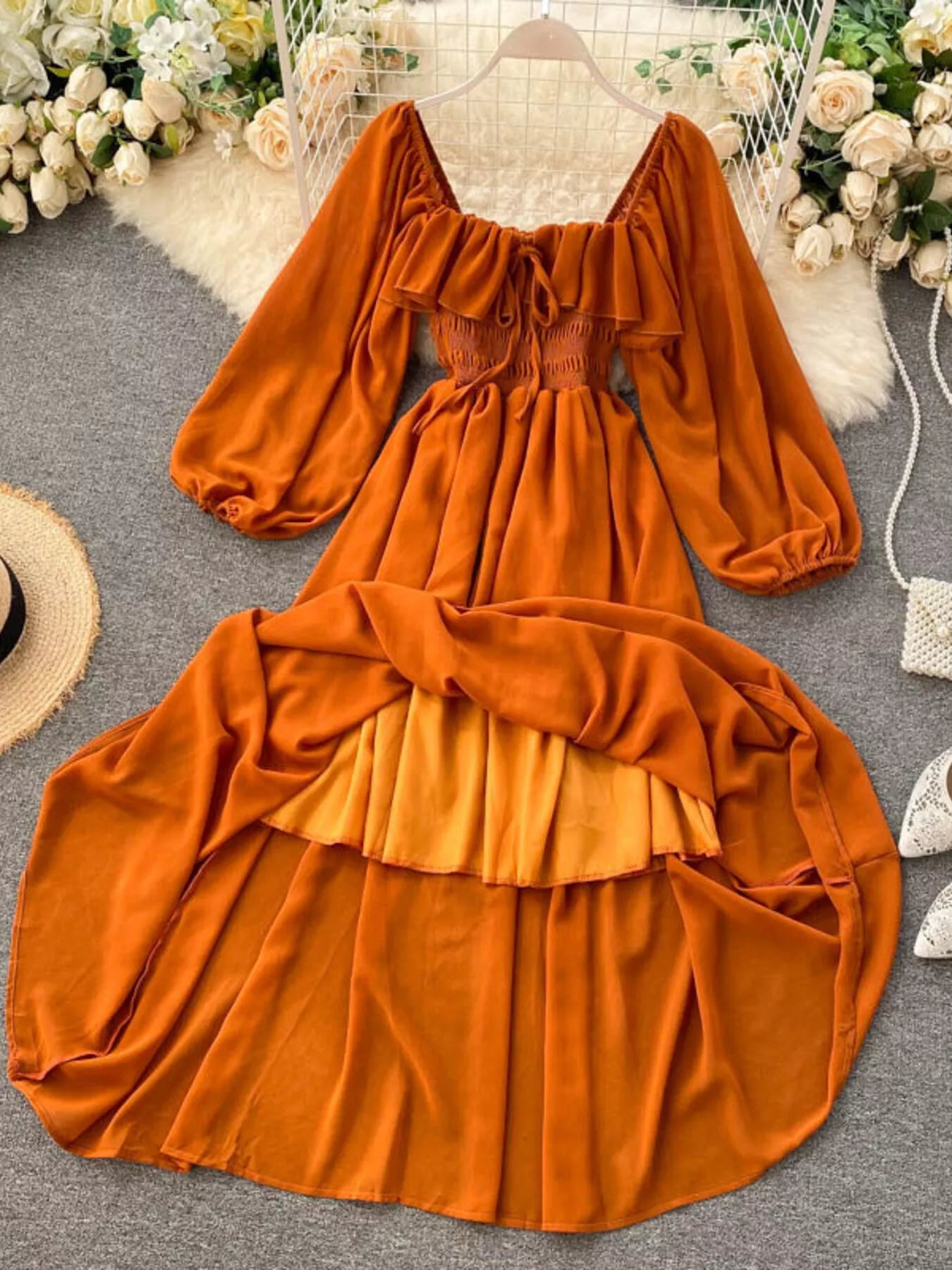 Ruffle Square Neck Balloon Sleeve A-Line Dress