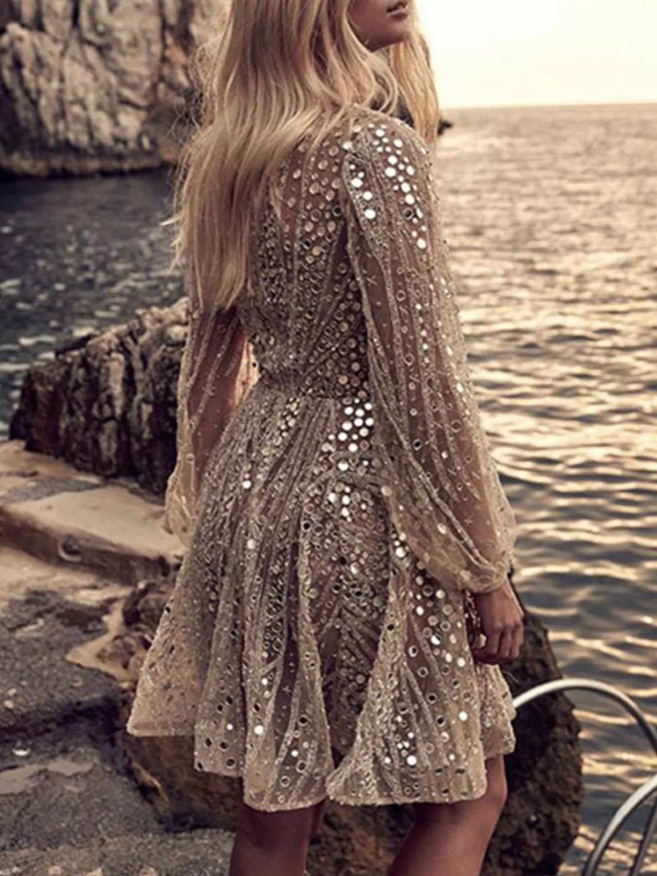 Sequin Deep V-Neck Mini Dress