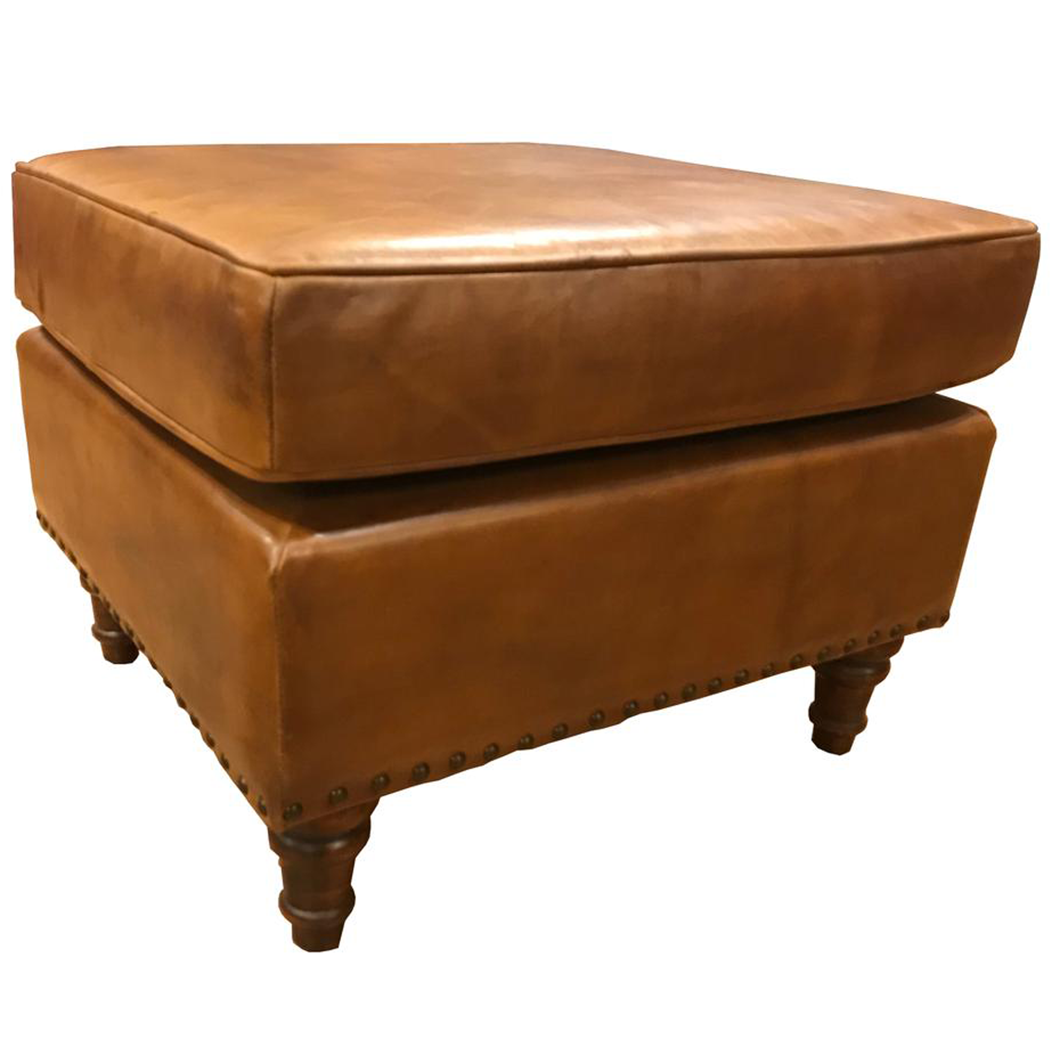 English Stationary Leather Ottoman - Light Brown