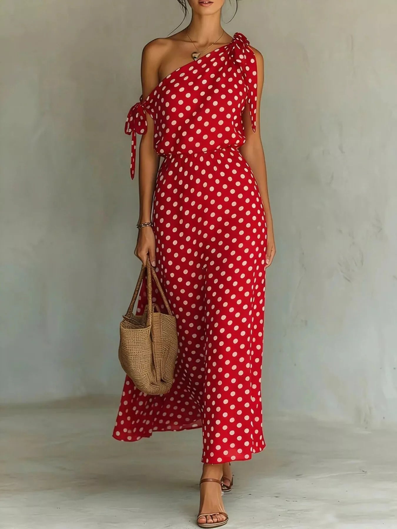 Full Size Polka Dot One-Shoulder Maxi Dress Plus Size