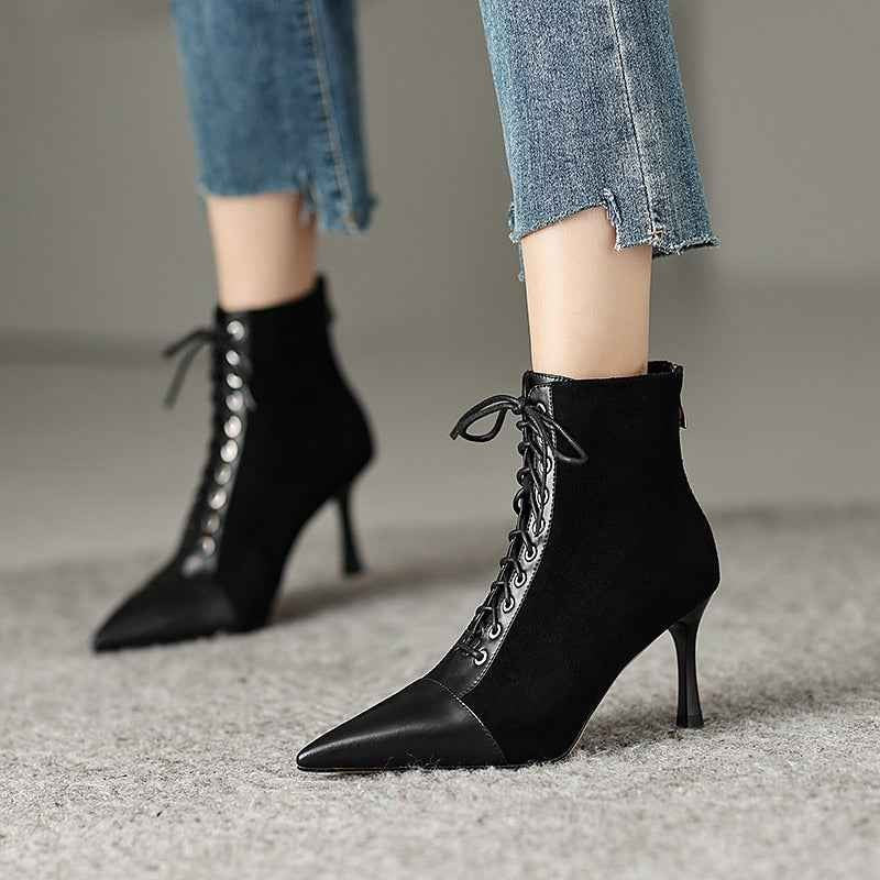 Mature Elegant Women Ankle Boots Pointed Toe Thin High Heels Female Office Genuine Leather Cross-Tied Shoes Woman