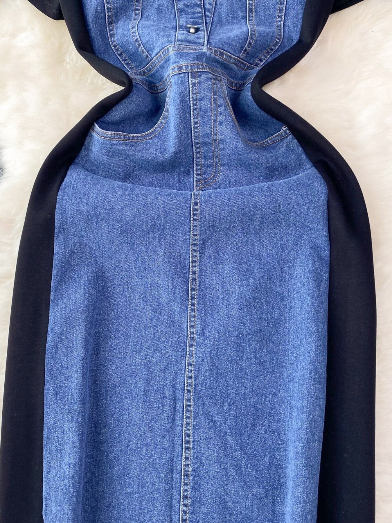 Full Size Denim Patchwork Short Sleeve Slit Back Dress Plus Size
