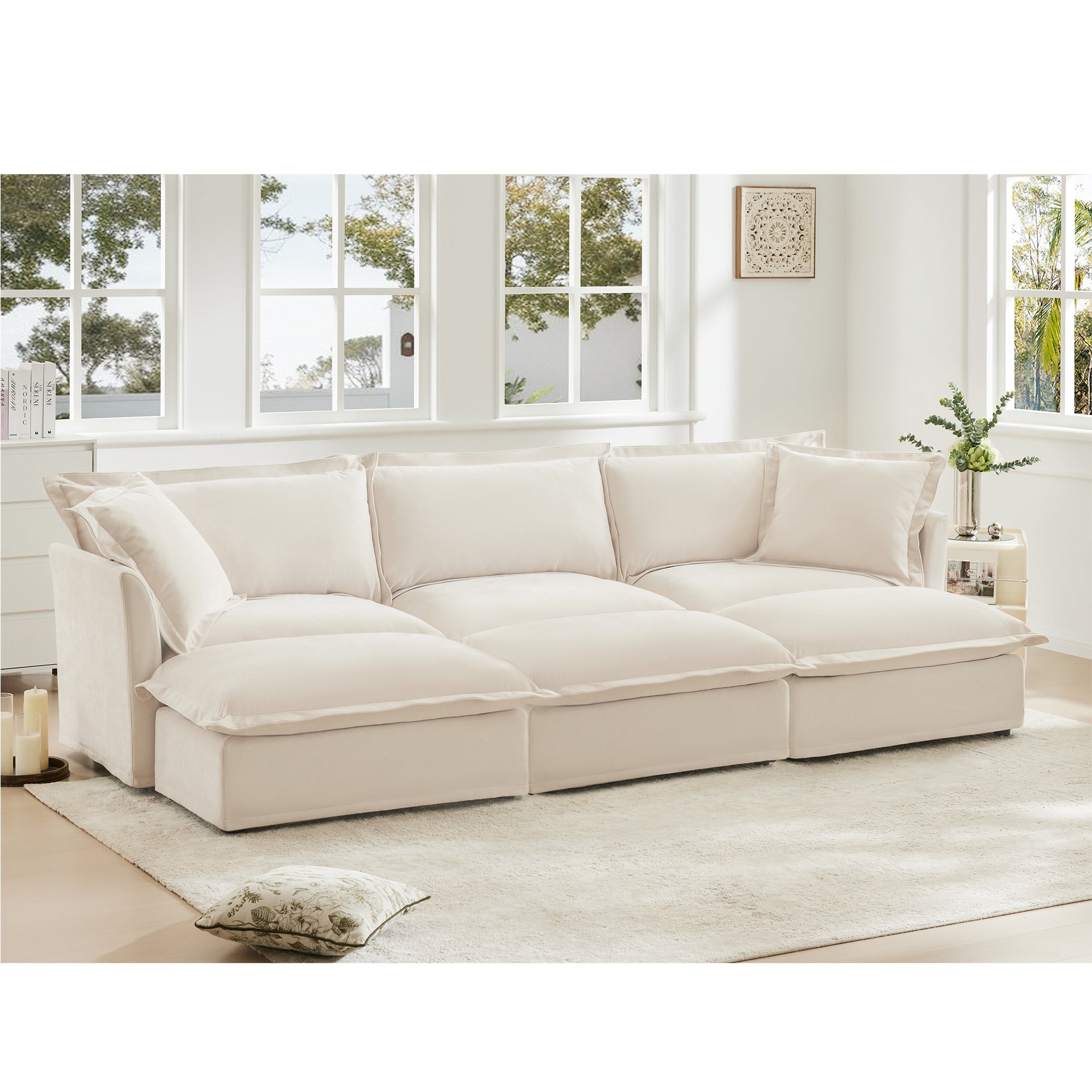 Oversized Chenille Living Room Sofa with 3 Ottomans