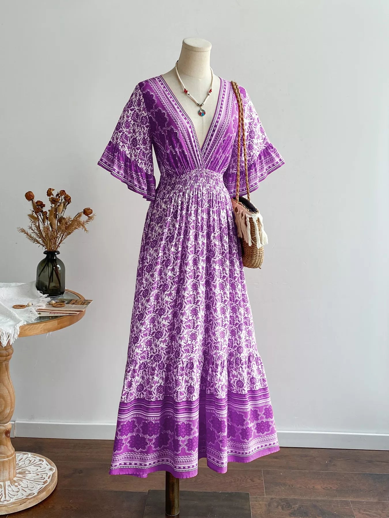 Floral Print Deep V-Neck Dress