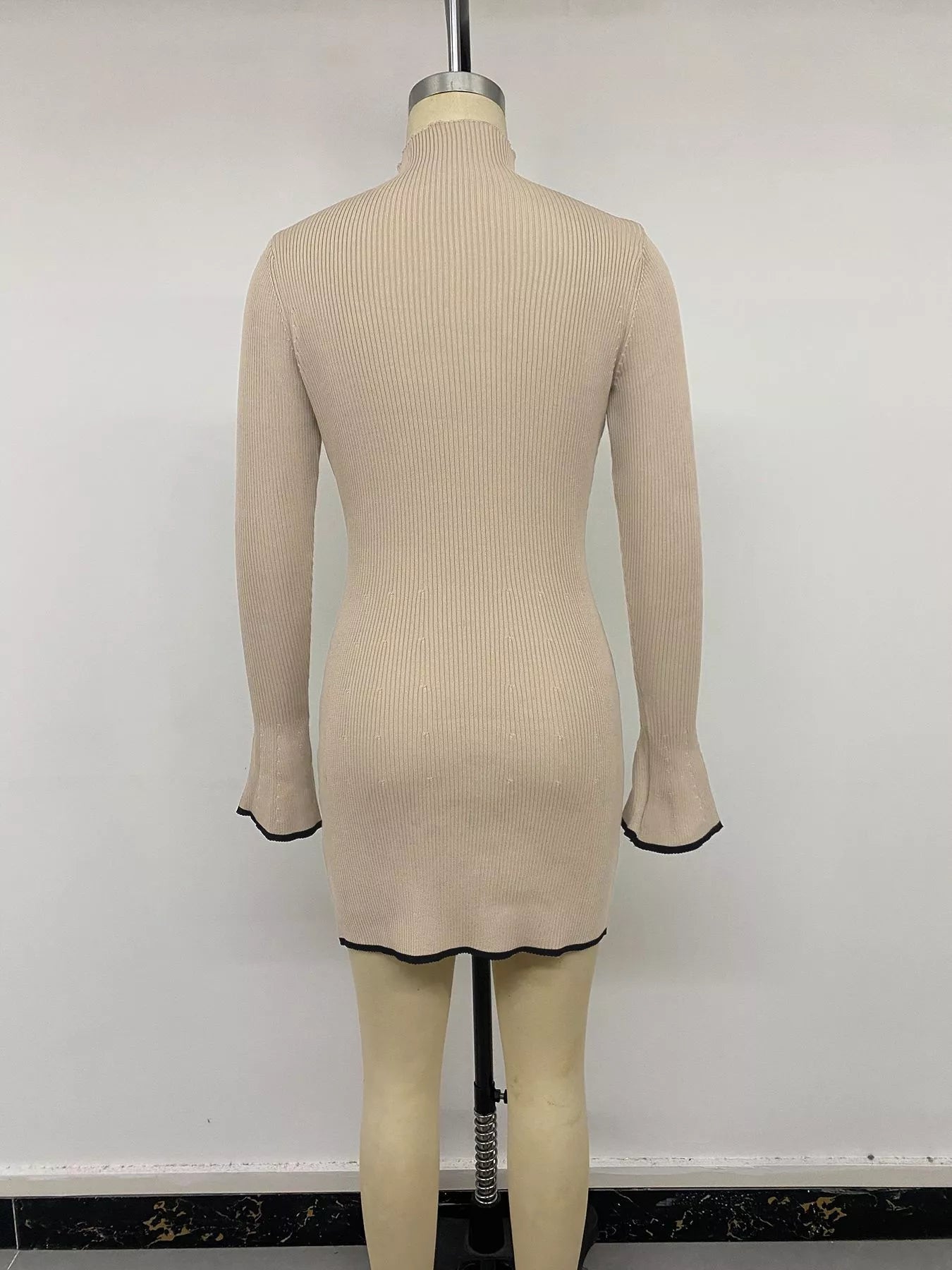 Ribbed Mock Neck Flare Sleeve Sweater Dress