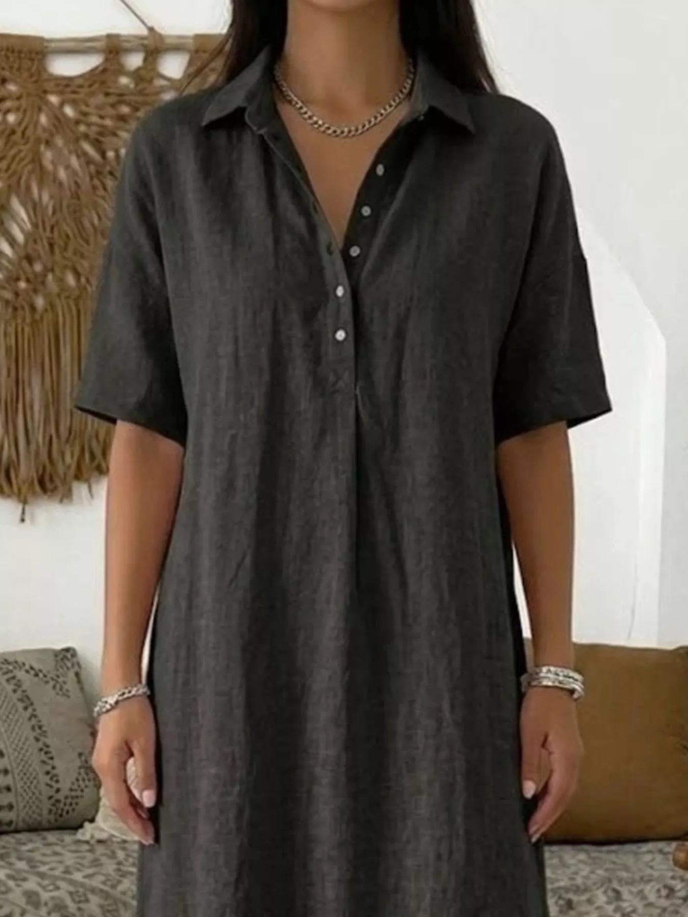Full Size Button Detail Half Sleeve Dress Plus Size