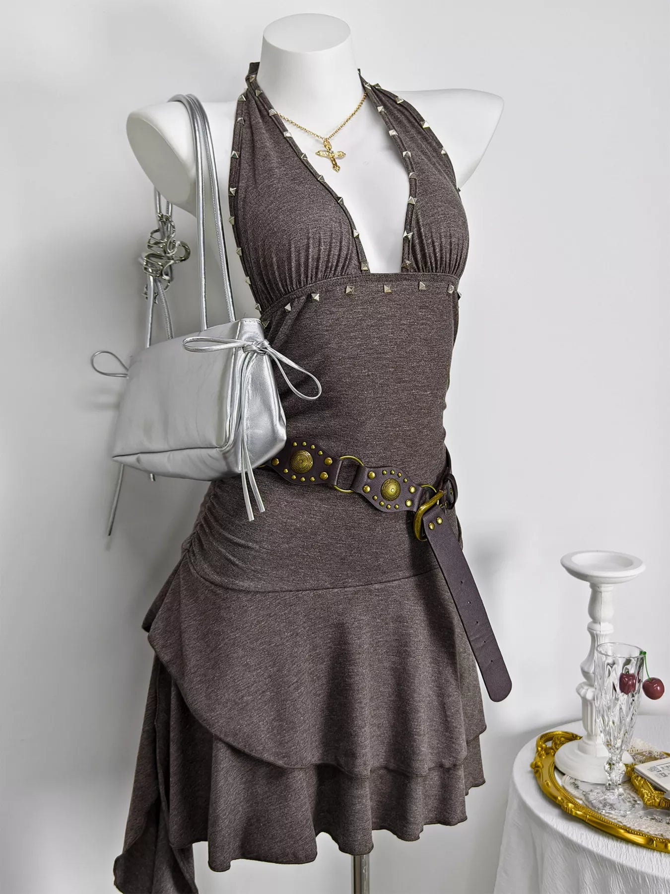 Studded Halter Neck Ruffle Hem Mini Dress