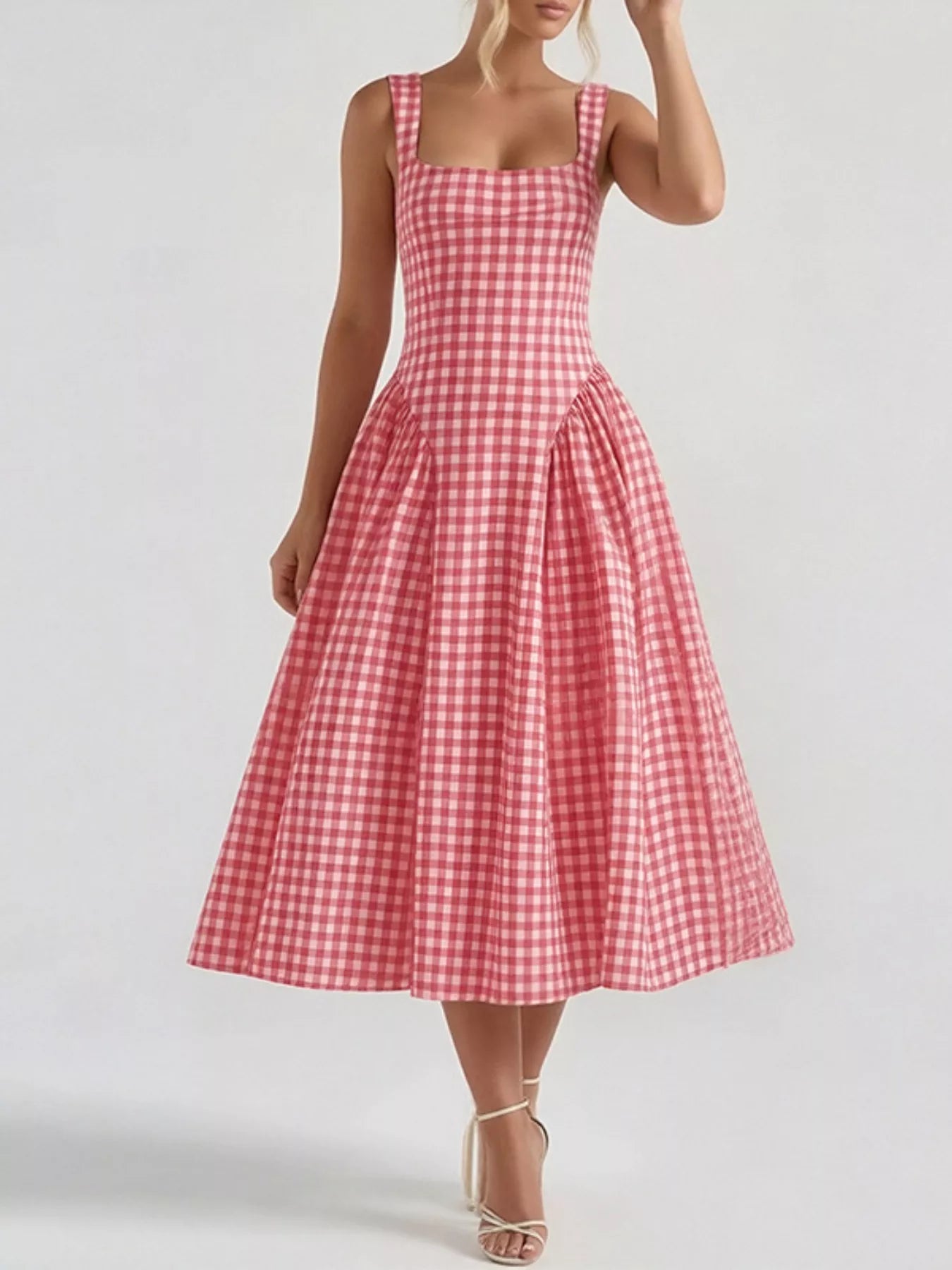 Full Size Plaid Square Neckline Midi Dress Plus Size