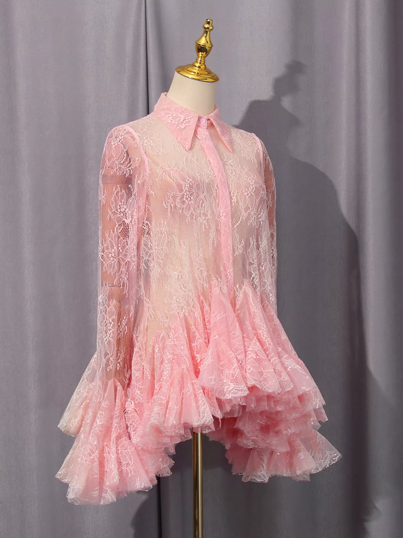 Ruffled Hem Lace Long Sleeve Dress