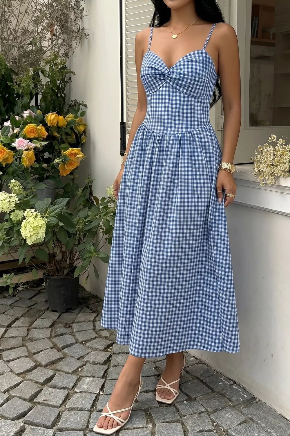 Gingham Knot Front Cami Midi Dress