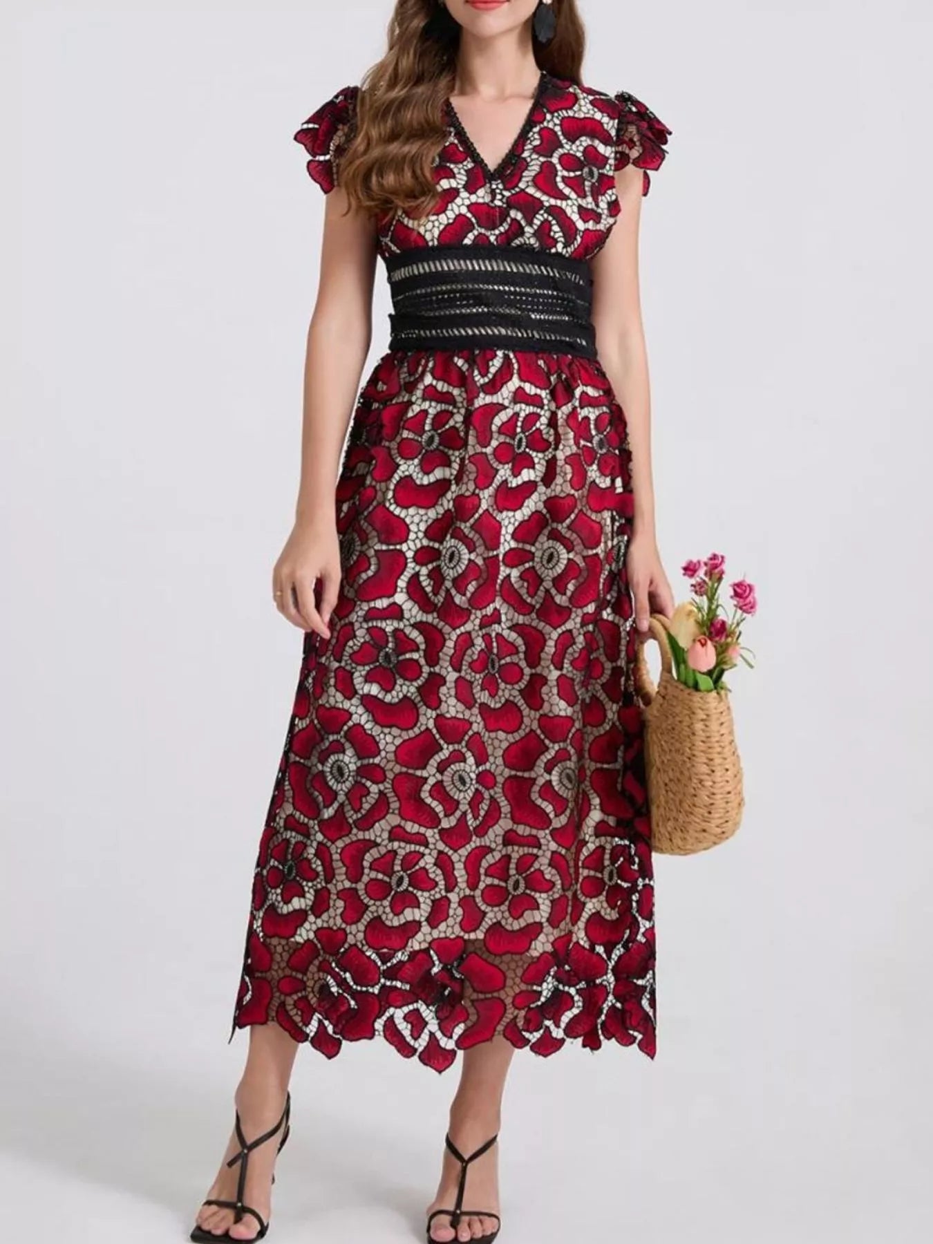 Printed V-Neck Ruffle Sleeve Midi Dress
