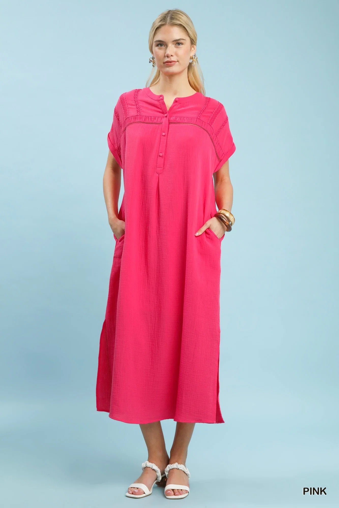 Umgee Button-Front Gauze Midi Dress with Lace Detail