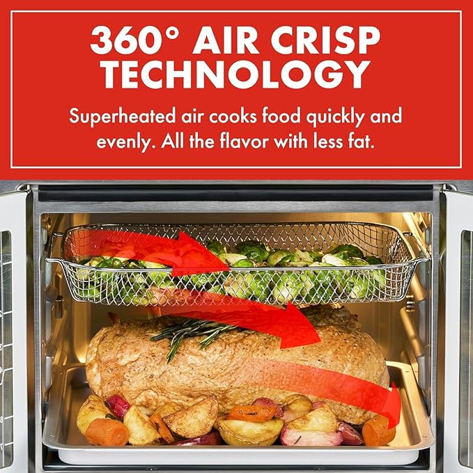 Emeril Lagasse 26QT French Door Multi-Function Air Fryer Toaster Oven | 26QT air fryer oven with French doors, 24 cooking functions, dual-speed fan and rotisserie for easy family meals.