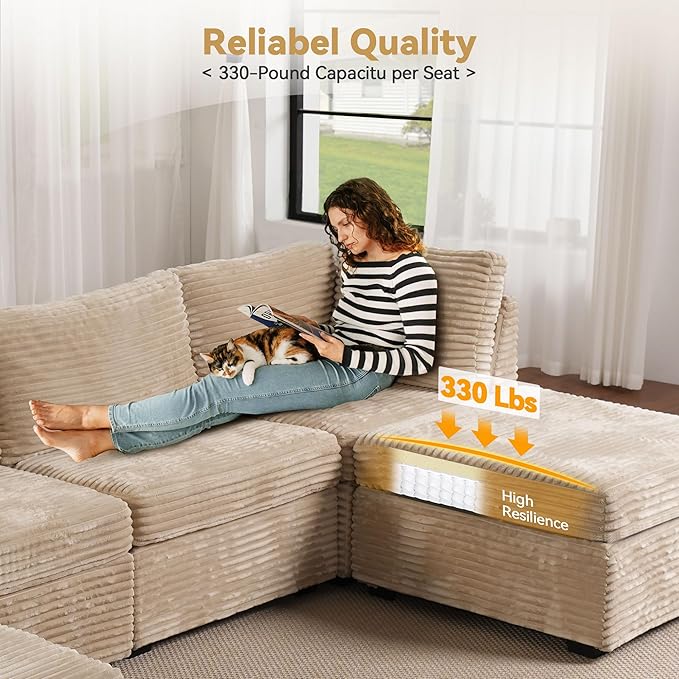 Modular Sectional Sofa with Chaise U Shaped Sectional Couch for Living Room, 7-Seater Comfy Cloud Couches with One Movable Ottoman, Plush Corduroy, Beige