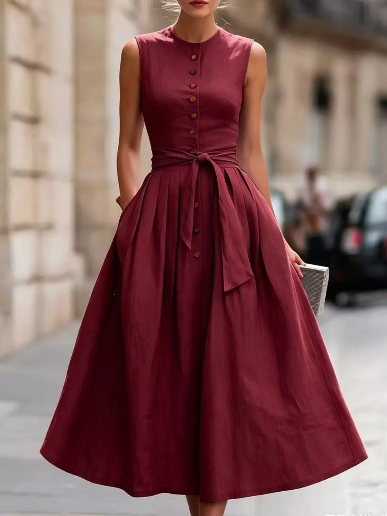 Full Size Sleeveless Button-Front Belted Midi Dress Plus Size