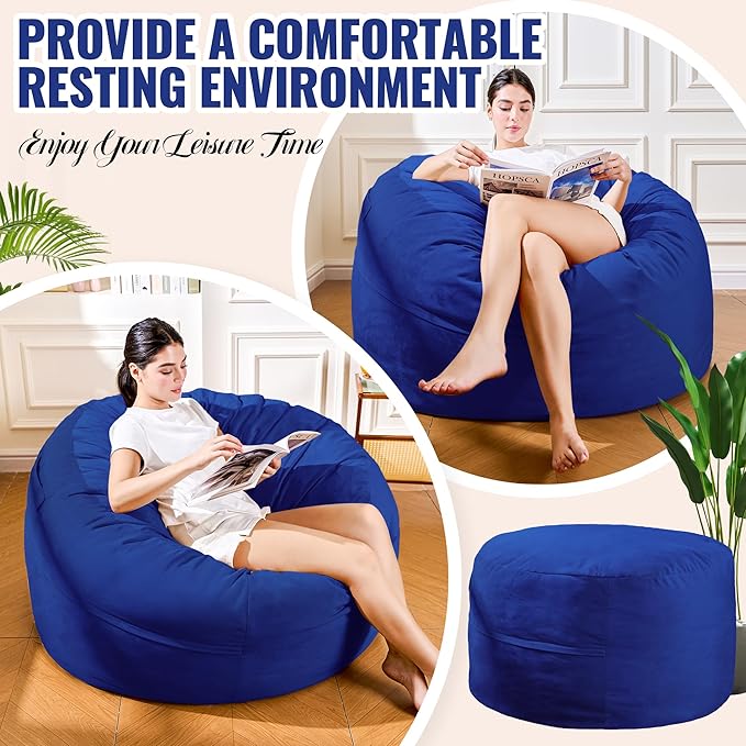 4FT Bean Bag Chair: Bean Bag with Velvet Cover, Fluffy and Comfy Bean Bag Chairs for Adults and Kids, Bean Bag Sofa Filled with High-Density Sponge for Gaming (Blue)