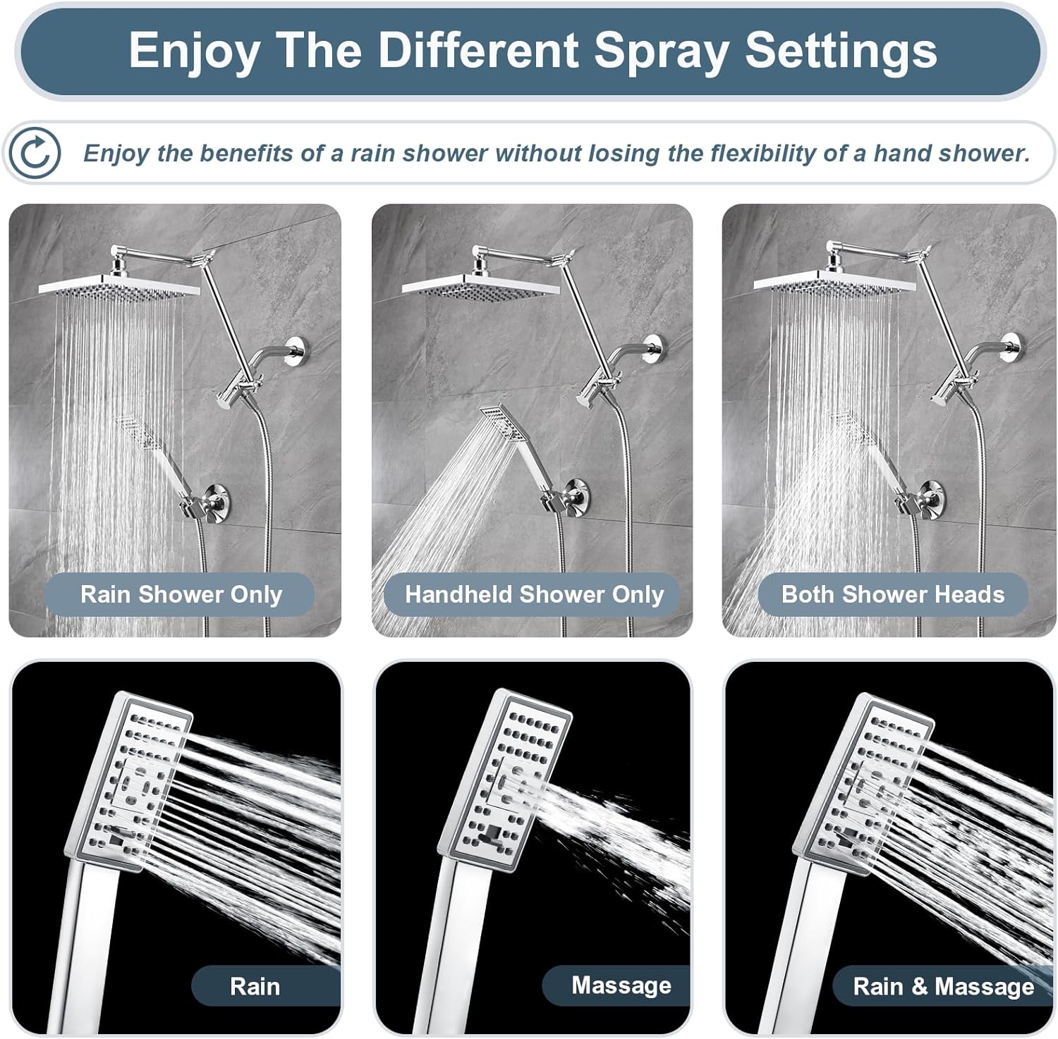 Dual Shower Head Combo with Extension Arm, 8 Inch Rainfall Shower Head with Handheld Shower head
